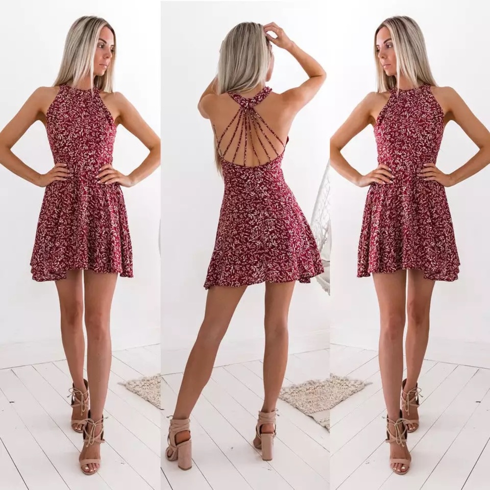 Boho Floral Print Sleeve less Sexy Back Mini Dress